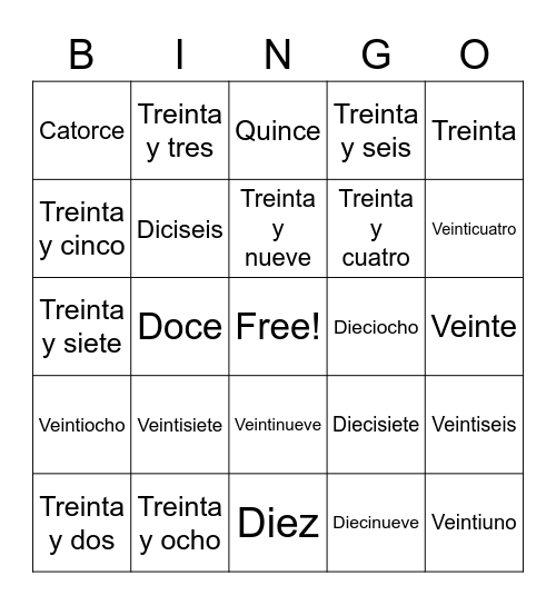 4th Numeros 10-40 Bingo Card