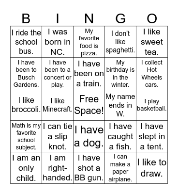 People Bingo!      Find a different person to sign their name in each box. When you get all boxes signed, call out "Bingo!" Bingo Card