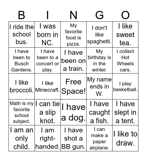 People Bingo!      Find a different person to sign their name in each box. When you get all boxes signed, call out "Bingo!" Bingo Card
