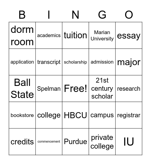 College Bingo Card