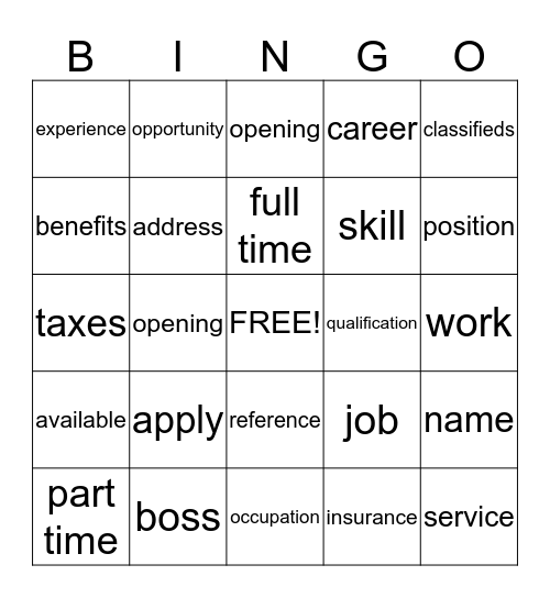 Job Bingo Card