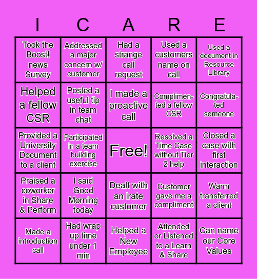 Customer Service Bingo Card