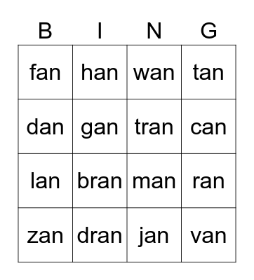 an family bingo Card