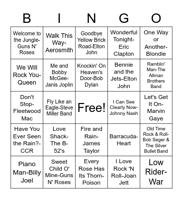 70-80's Classic Rock Music Bingo Card