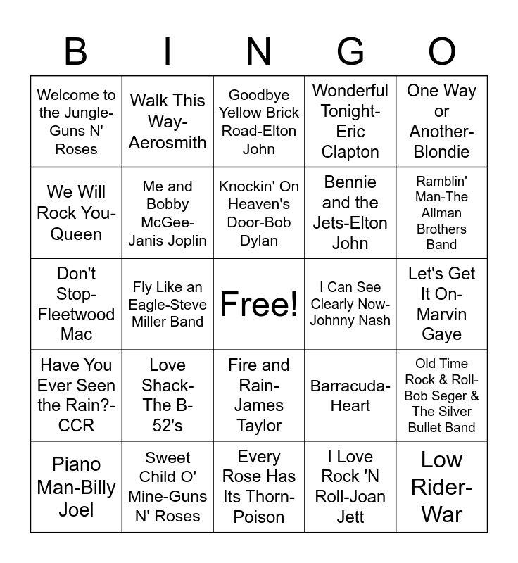 70-80's Classic Rock Music Bingo Card