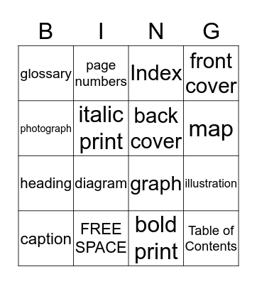 Nonfiction Text Features Bingo Card