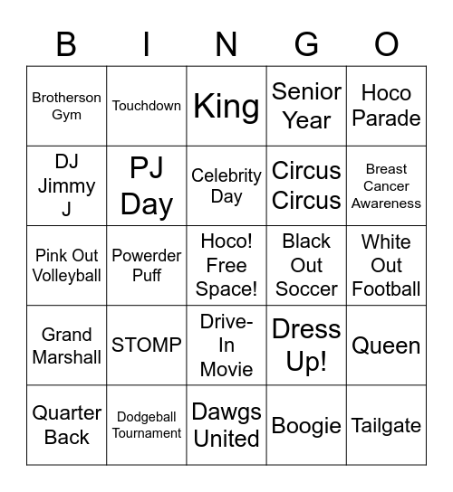 Home Coming Bingo Card