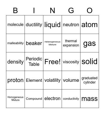 Materials and Properties Bingo Card