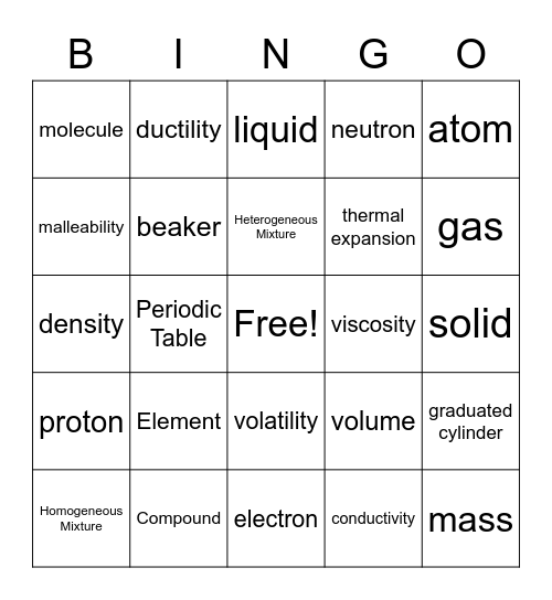Materials and Properties Bingo Card