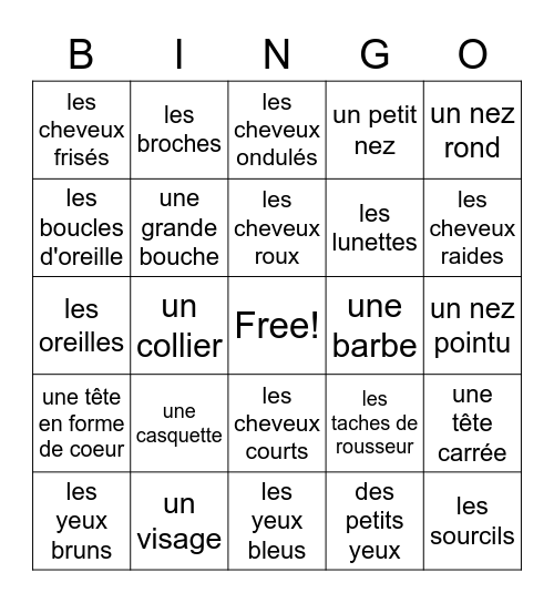 Les Descriptions Physiques Bingo Card