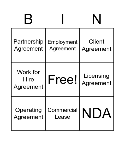 Contract Bingo Card