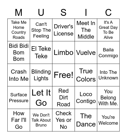 Music Bingo Card