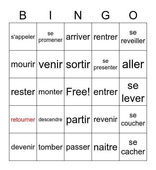 French Verbs Bingo Card