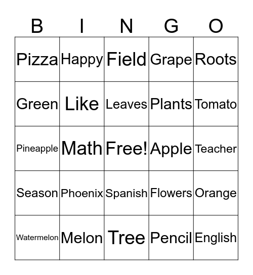 Plants & School Bingo Card