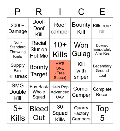 Warzone Bingo Card