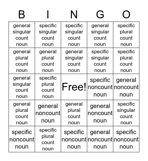 Nouns Bingo Card