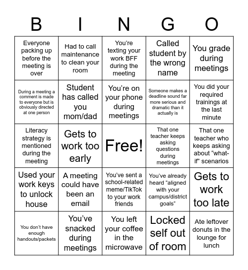 Teacher Bingo Card