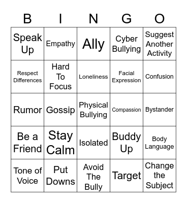 Bullying Bingo Card