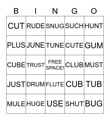 Short and Long U Bingo Card