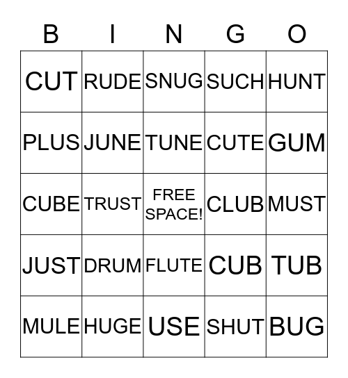 Short and Long U Bingo Card