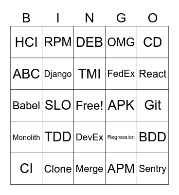 Tech Term Bingo Card