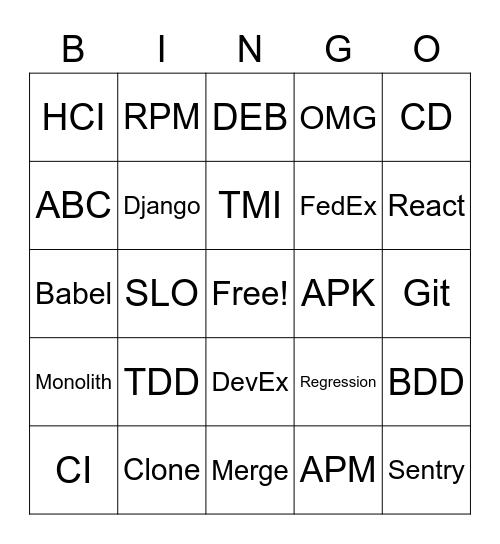 Tech Term Bingo Card