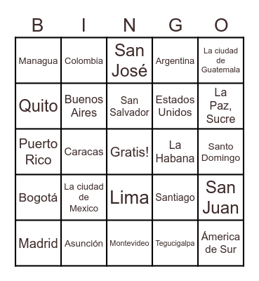 Spanish Speaking Countries Bingo Card