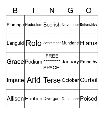 Week 7 & 8 Vocabulary Review Bingo Card