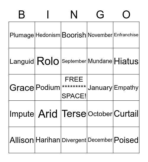 Week 7 & 8 Vocabulary Review Bingo Card