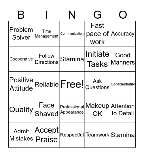 Skills I am learning Bingo Card