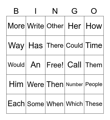 Sight Word Bingo Card