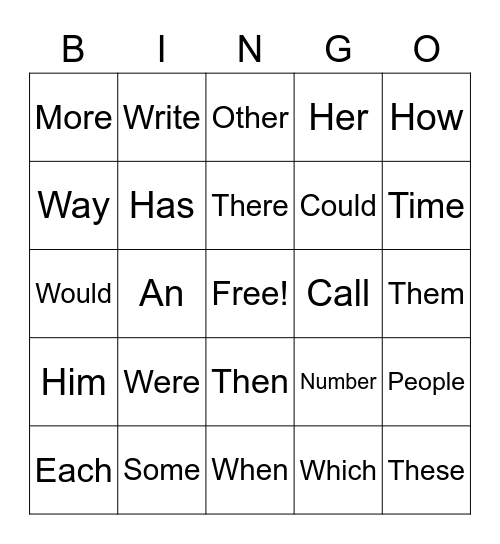 Sight Word Bingo Card