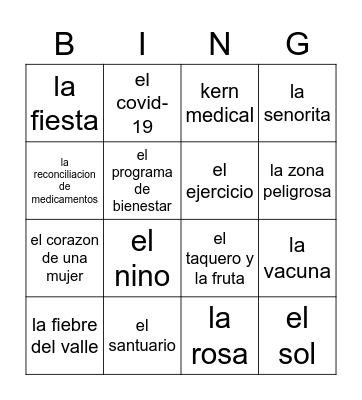 Kern Medical Loteria Bingo Card