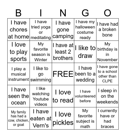 Girls Group Bingo!  Bingo Card
