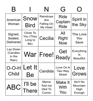 1970's Hits Bingo Card