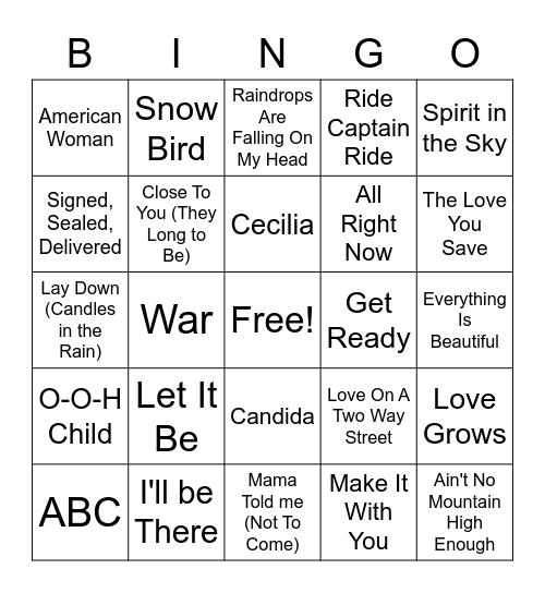 1970's Hits Bingo Card