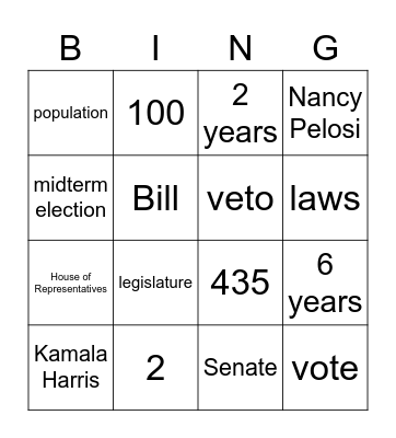 Congress Bingo Card