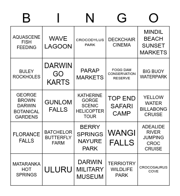 THINGS TO DO IN THE NT Bingo Card