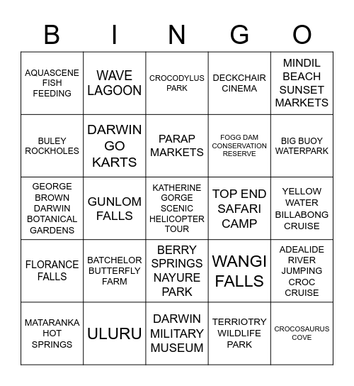 THINGS TO DO IN THE NT Bingo Card