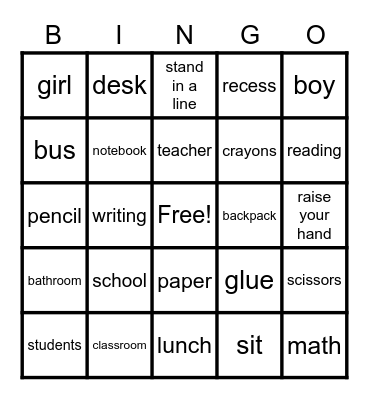 School Vocabulary Bingo Card