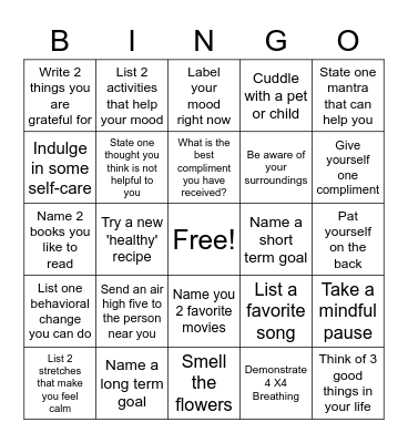 Mental Health Bingo Card