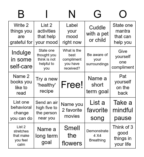 Mental Health Bingo Card