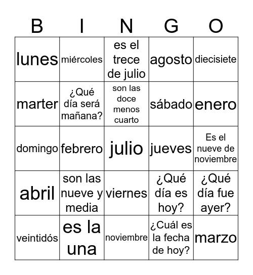 La hora. los números y el calendario Bingo Card