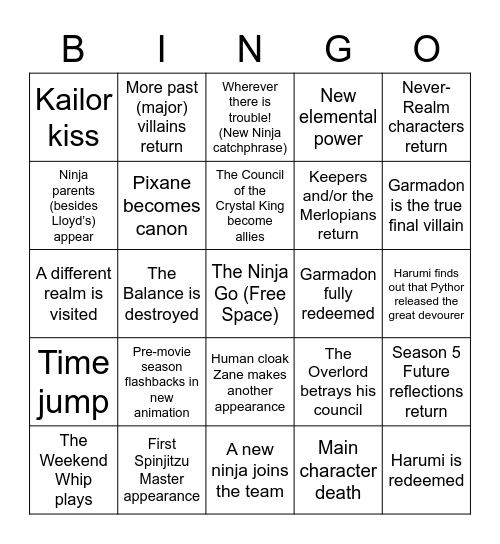 Ninjago: Crystalized - Episodes 19-30 Bingo Card