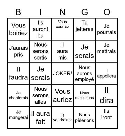 Bingo Futur, Futur antérieur, Conditionnel Présent Bingo Card