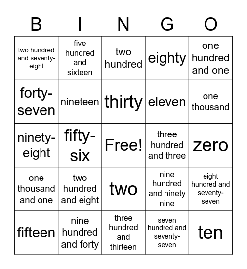 Number words Bingo Card