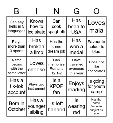Youth Celebration October Bingo Card