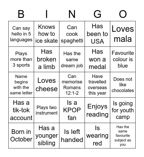 Youth Celebration October Bingo Card