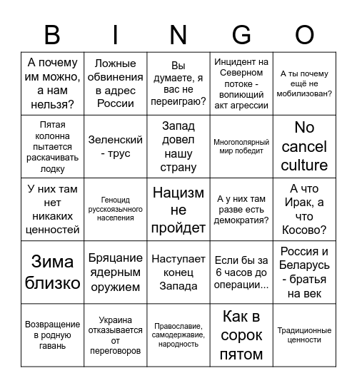 Putin Bingo Card