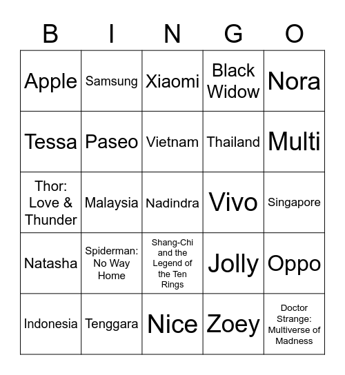 Tasha. Bingo Card